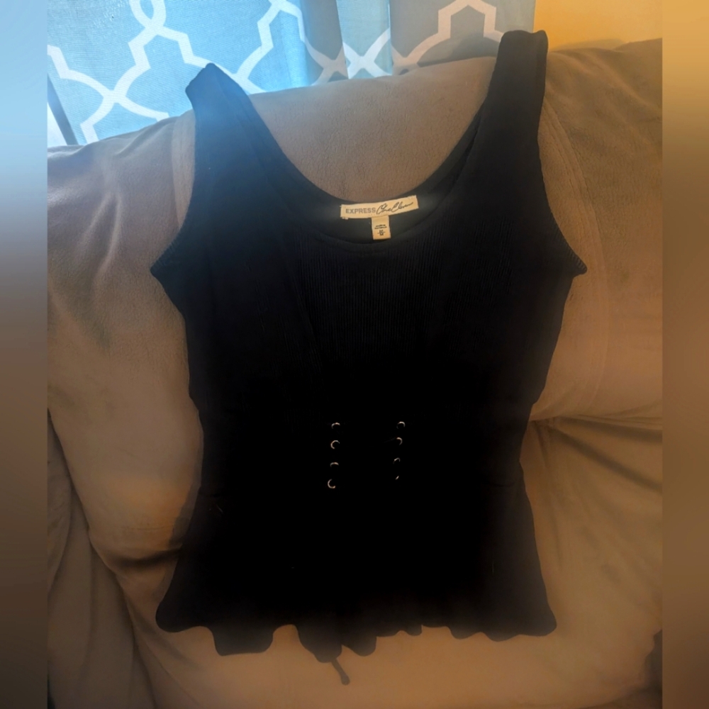 Express One Eleven Black Ribbed Tank Top with Corset Detail